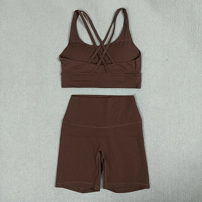 Women's 2-Piece Yoga Set Tights Shorts For Woman Cross Back Bra Top + High Waist Shorts Fitness Running Workout Tracksuit