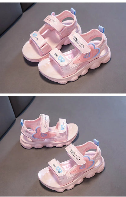 2026 New Summer Girls Sports Sandals Love Heart Decor Soft Non-Slip Beach Sandals For 3-12 Years Old Kids