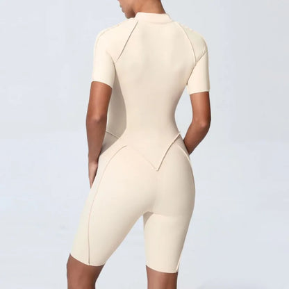 Zipper Short-sleeved Yoga Sports Fitness Jumpsuits Sets Without Chest Pad Tight Bodysuits Shorts Gym Workout Clothes for Women