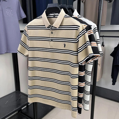 Men's Short Sleeve Embroidered Striped Polo Shirt Summer High End Brand Fashion Business Breathable Lapel T-shirt Men's Clothing