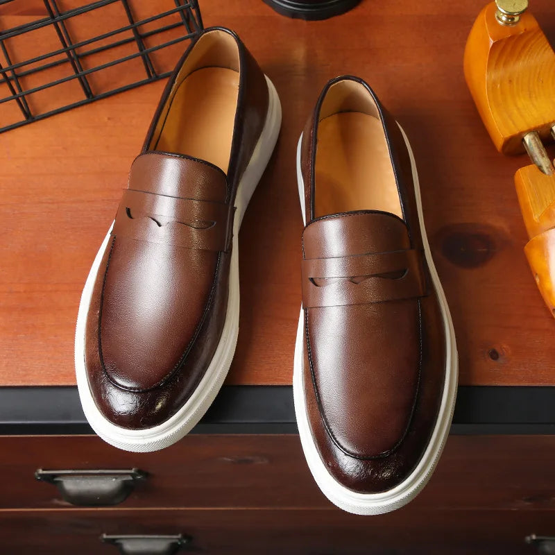 Fashion Men's Casual Shoes Embossed Leather Men British Style Penny Loafers Mens Slip-on Thick Sole Outdoor Flats