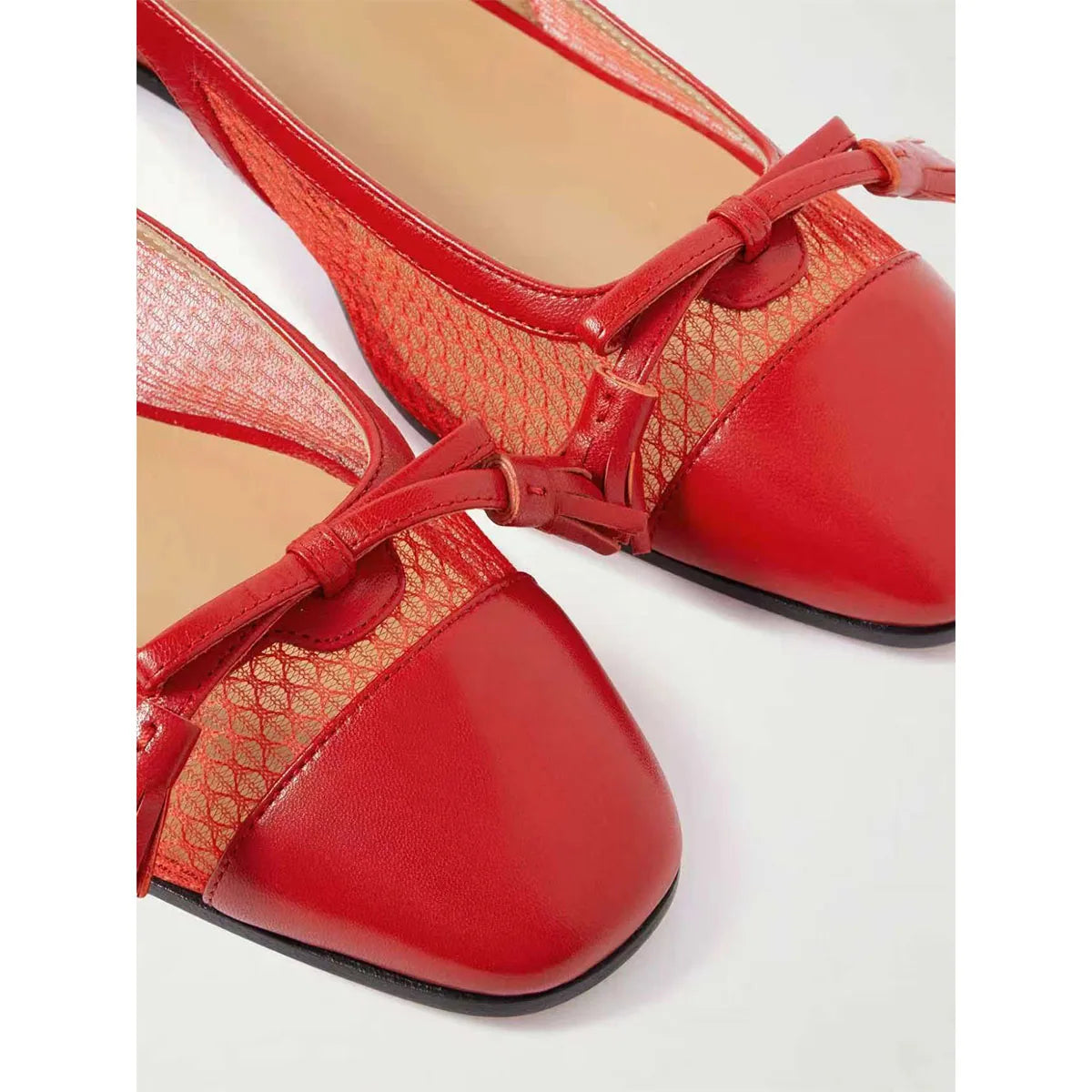 Summer White Cowhide Tassels Closed Toe Sandals Square Toe Hollow Low Heel Mesh One Word Buckle Sandals Commute