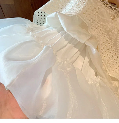 Vestido de princesa Lolita francês para meninas, vestido novo estilo verão para um ano de idade, lindo vestido branco de manga curta para menina fofa
