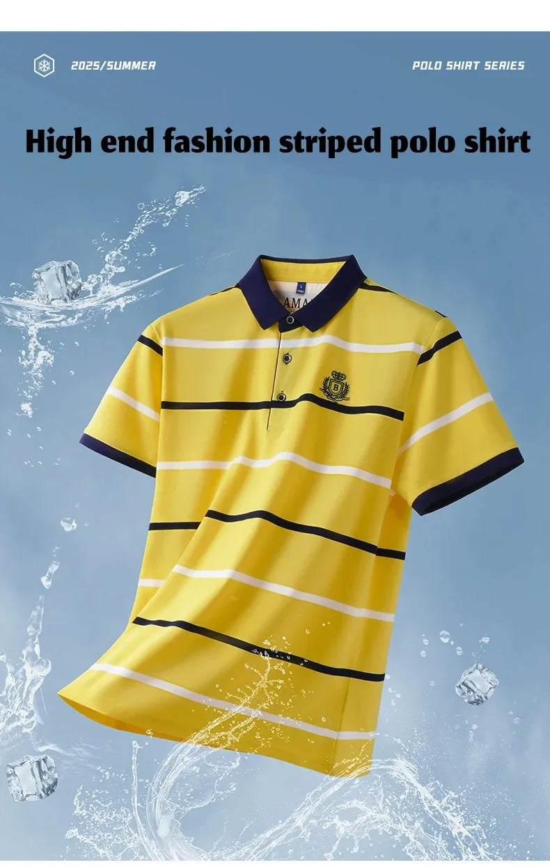 Light luxury brand short sleeve men's POLO shirt summer fashion personality striped badge top breathable ice silk casual T-shirt