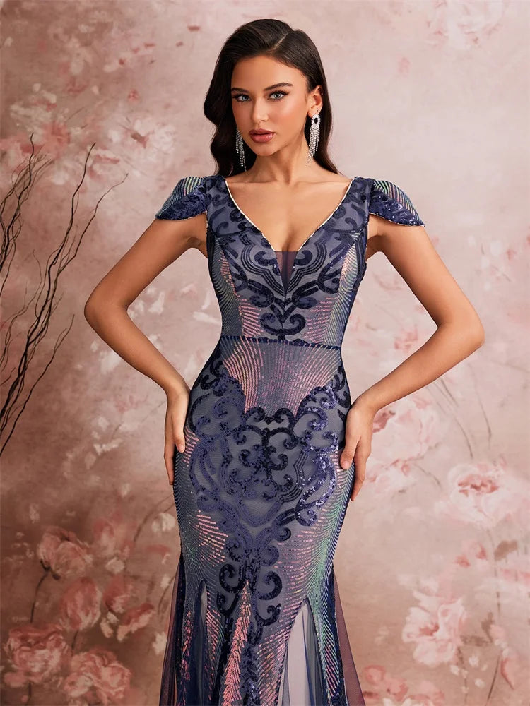 Luxury Cap Sleeve V-neck Sequin Formal Evening Dress Women Elegant Mermaid Party Cocktail Gown Special Event