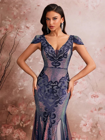 Luxury Cap Sleeve V-neck Sequin Formal Evening Dress Women Elegant Mermaid Party Cocktail Gown Special Event