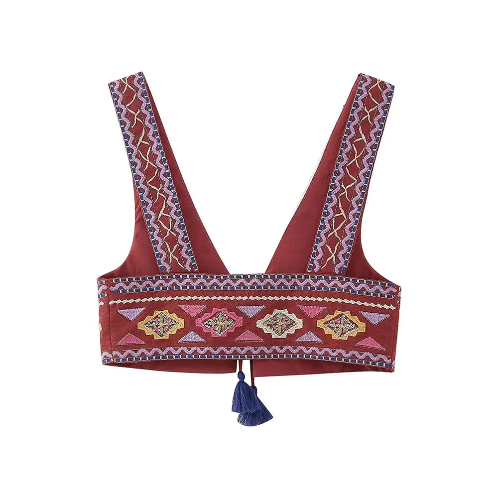 Women Fashion With Tie Tassel Embroidered Crop Tank Tops Sexy V Neck Wide Straps Female Waistcoat Chic Vest Tops
