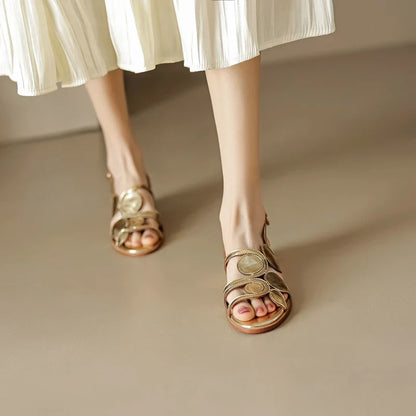Women's New Round Head Spring/Summer Genuine Leather Sheepskin Spliced Low Heel Large Size Elastic Open Toe Sandals