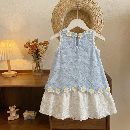 Vestido de menina verão novo estilo infantil elegante vestido de princesa de renda vestido de colete floral doce para menina pequena