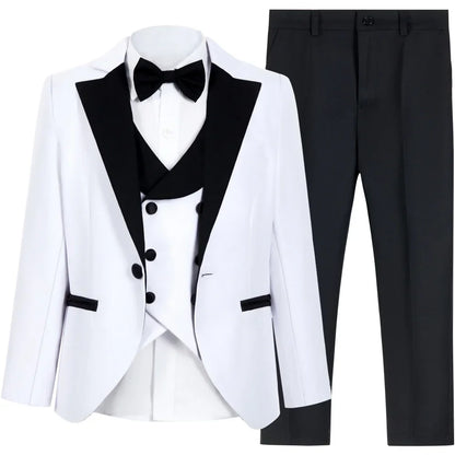 Classic White Boys Tuxedo 4 Pieces Wedding Guest Clothes Formal Peak Lapel Kids Suit Set Banquet Party Wear Chic Slim Fit Suits