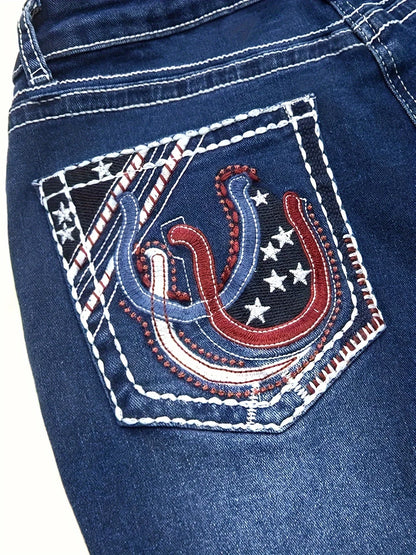 2025 women's new denim horn elastic embroidery retro slim fit elastic mid waist comfortable pants
