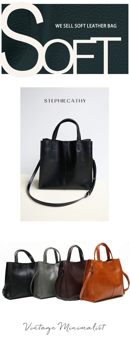 Minimalist Vintage Genuine Leather Tote Women Luxury Classic Top-handle Bag Large Capacity Cross body Shoulder Handbags Business