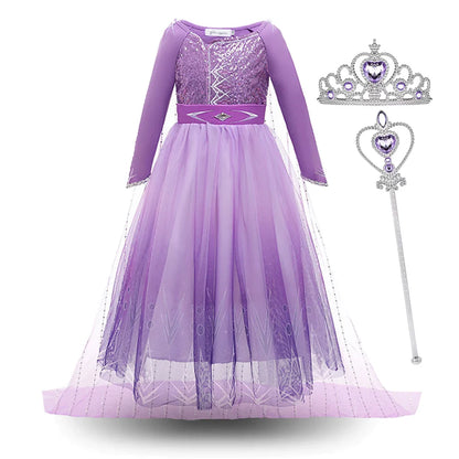 2026 Princess Girl Dress Snow Queen Halloween Cosplay Elsa Party Purple Costume Role Play Clothes Children Outfit Dress