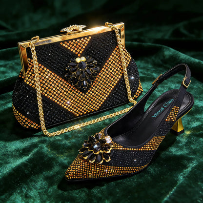 Italian Luxury Rhinestone Wine Pointed Toe High Heels with Matching Bag Set – Ideal for Parties and Special