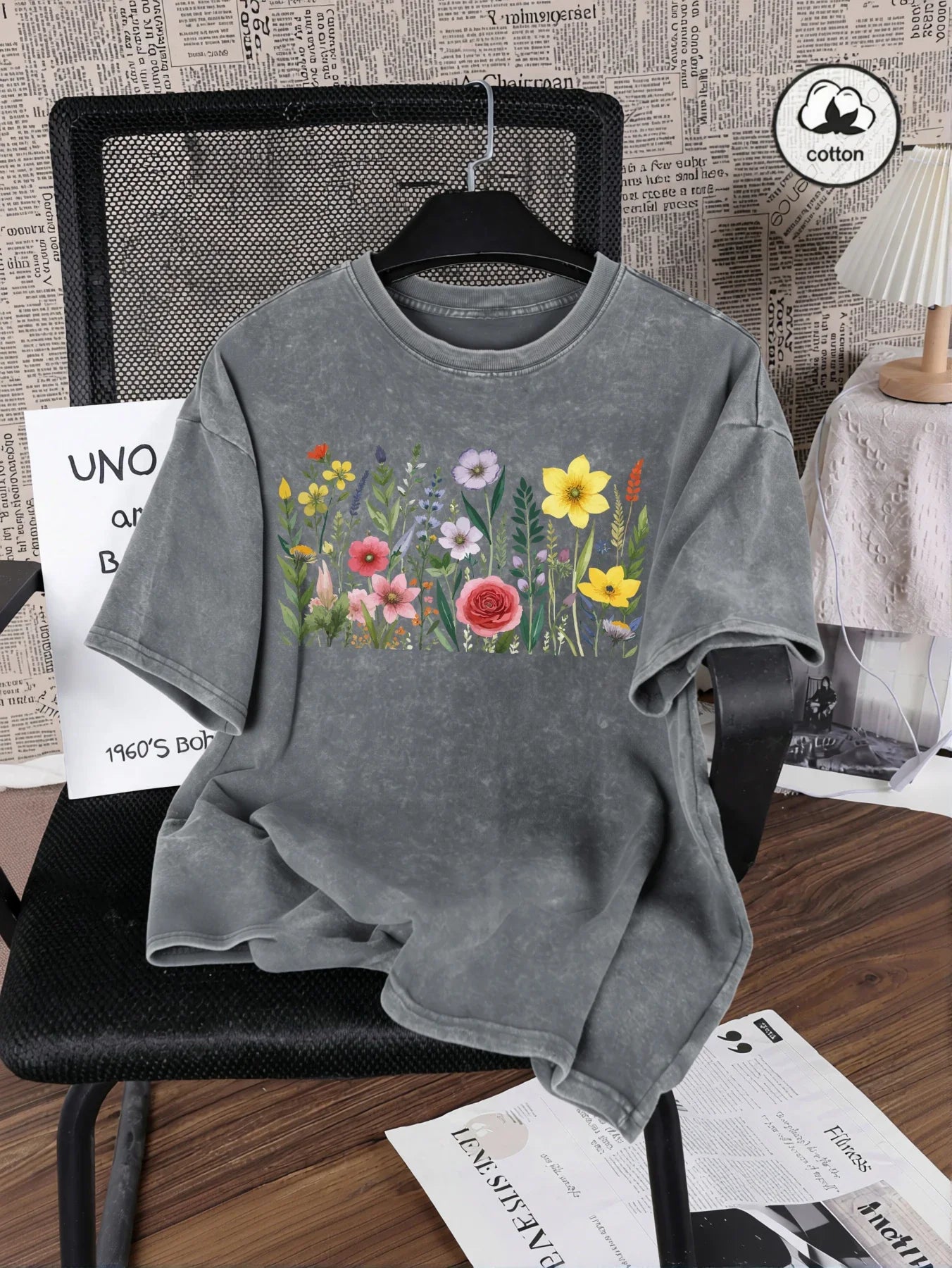 Rich Colors Simple Flowers Print Washed Female T-Shirt Summer Breathable T-Shirt Cotton Soft Short Sleeve All-Match Streetwear