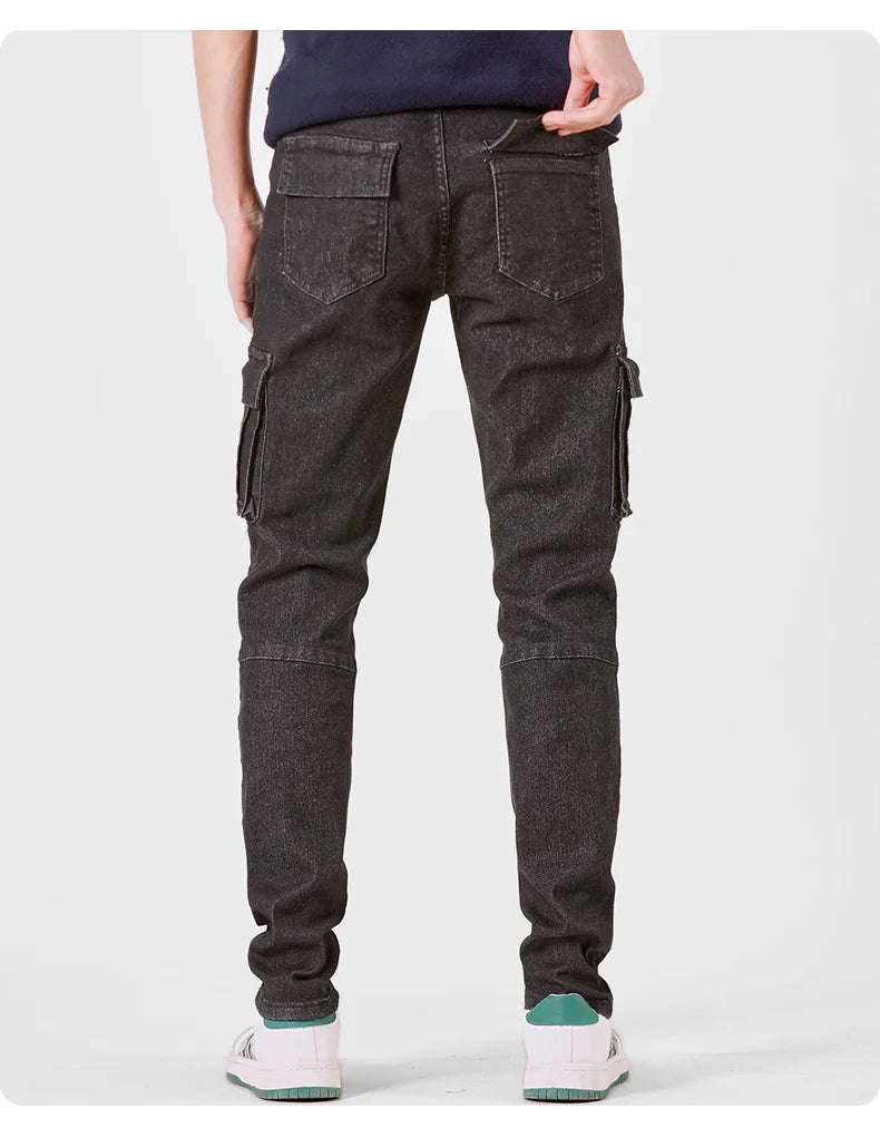 Men's Street Style Elastic Waist Denim Cargo Pants Solid Color Washed Slim Fit Casual Jeans with Multiple Pockets for Daily Wear