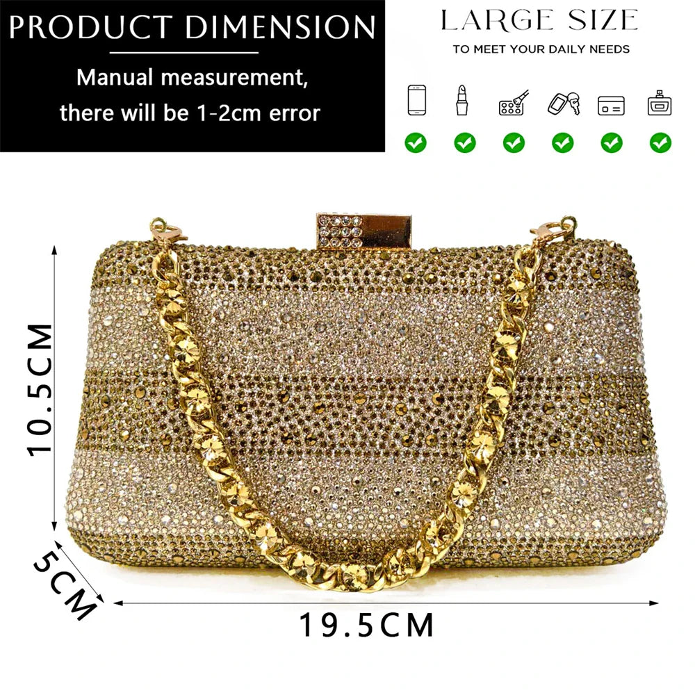 High Heels Shoes for Women Embroidery Rhinestone Italian Design Gold Color Pointed Toe Shoes and Bags Set Fashio