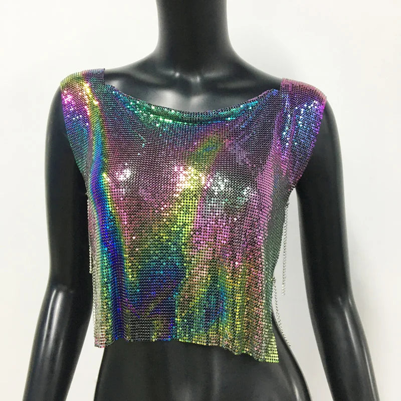 Women Metal Sequins Crop Tops Sexy Hollow Out Sleeveless Backless Y2k Tank Tops Nightclub Party Rave Festival Camisole 2023 New