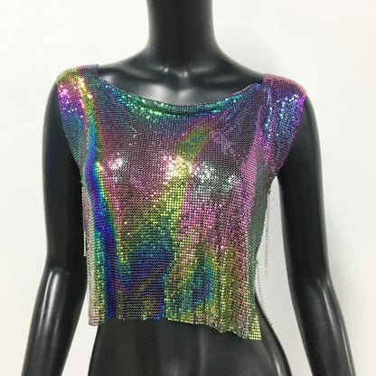 Women Metal Sequins Crop Tops Sexy Hollow Out Sleeveless Backless Y2k Tank Tops Nightclub Party Rave Festival Camisole 2023 New