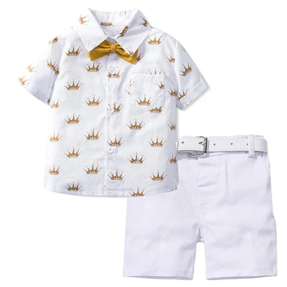 Summer Kids Boys Formal Outfit Suit Crown Printed Shirt with Bow Leather Belt Boy Birthday Party Clothes Set 1 2 3 4 5 6 Years