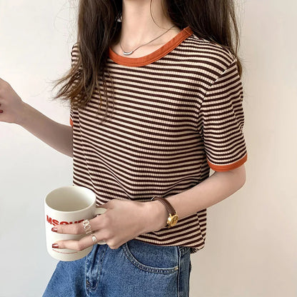 Striped Short Sleeve T-shirt Women's Summer New Korean Version Loose Retro Contrast Slim Round Neck Top Women's Fashion Casual