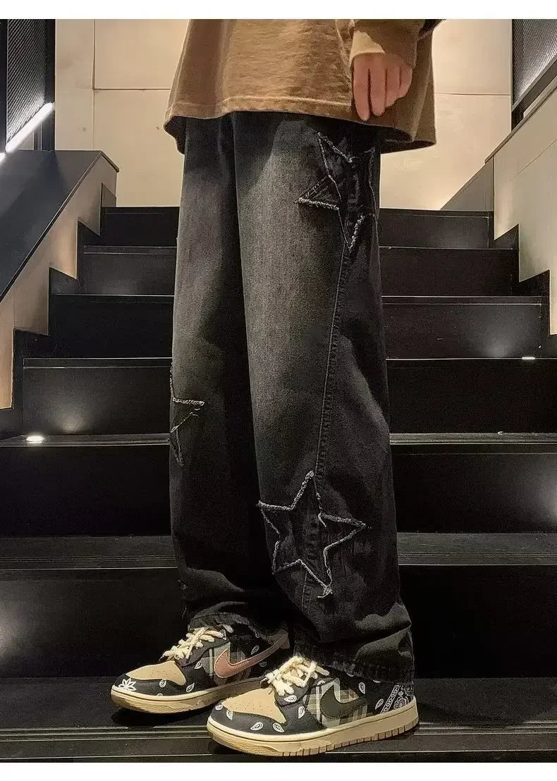 Star Embroidered Straight Casual Men's Jeans Y2K Gothic Unisex New Wide-leg Loose, Comfortable Fashionable Youth Street Jeans