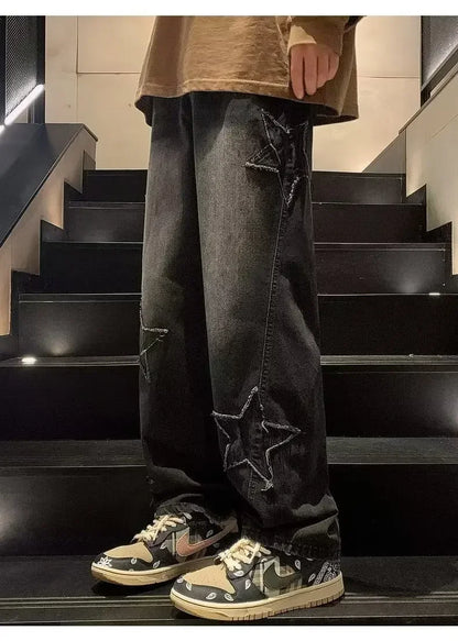 Star Embroidered Straight Casual Men's Jeans Y2K Gothic Unisex New Wide-leg Loose, Comfortable Fashionable Youth Street Jeans