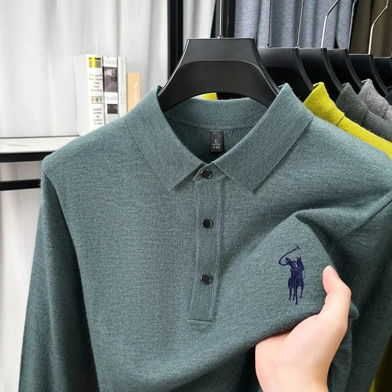 High quality luxury knitted long sleeve T-shirt men's autumn new designer brand Pony embroidery fashion Paul classic polo shirt