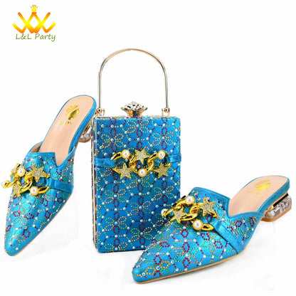 Low Heels Comfortable Sweet Style Italian Design Shoes Matching Bag Set in Orange Color High Quality with Crystal for Dress