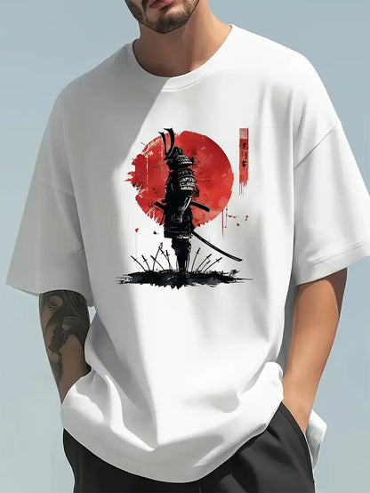 Men's Summer 100 Cotton Fashionable Casual Loose Japanese Samurai Pattern Printed Round Neck Short Sleeve T-shirt Top