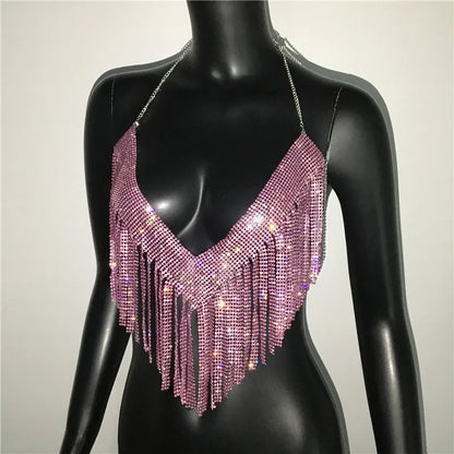 Bling Rhinestones Tassel Party Crop Top Woman Fashion Halter Neck Backless Design Full Diamond Sequins Nightclub Clubwear