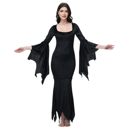 Halloween Morticia Adams Primate Black Adams Family Dress Retro Gothic Flared Sleeve Fishtail Dress Vestido