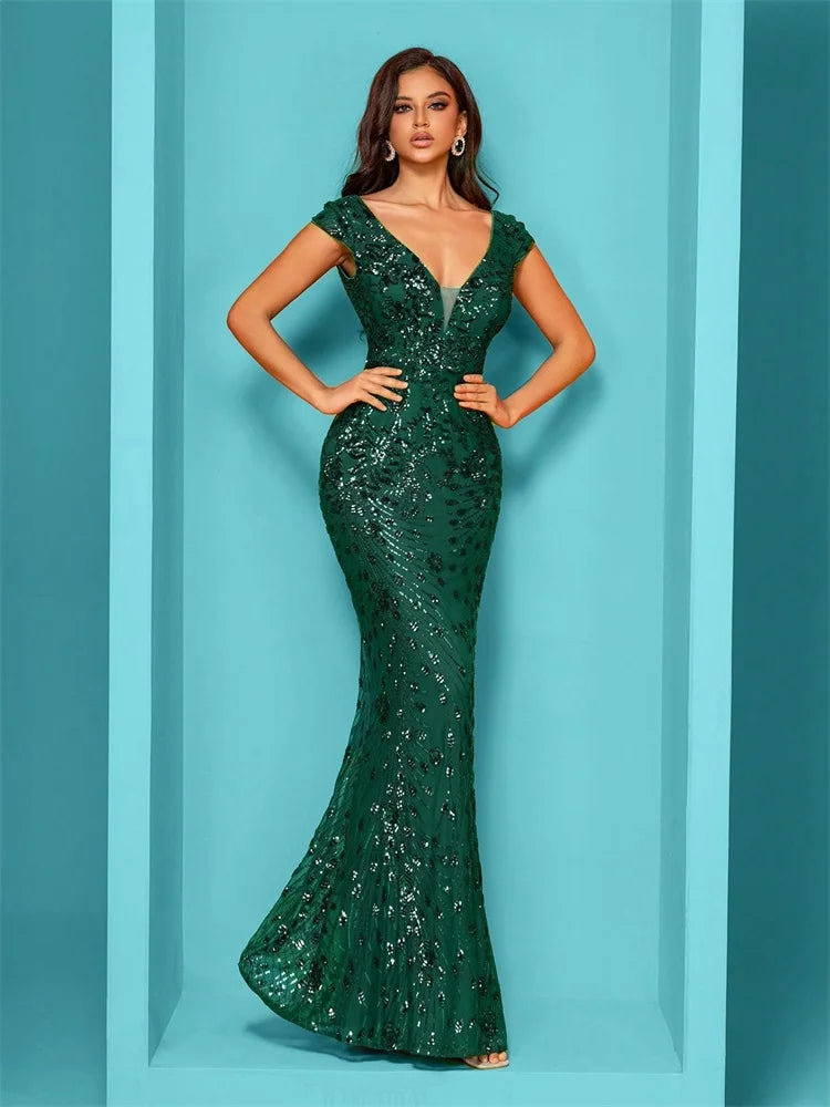 Elegant Champagne Evening Dress For Women Long 2024 Luxury Mermaid Formal Sequins Prom Wedding Party Cocktail Dresses