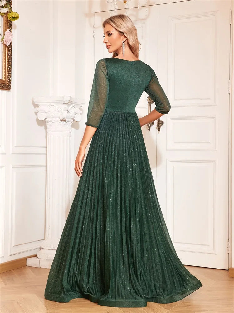 Luxury Long Sleeve Formal Evening Dress Deep V-Neck Floor-Length Gown Women 2024 Chiffon A-line Prom Cocktail Dress