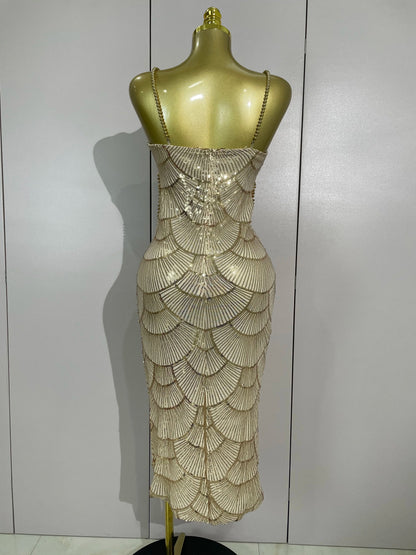 Women Hot Sale Sleeveless Sexy Strap Pearl Beading Sequins Bodycon Long Dress Celebrate Evening Party Birthday Outfit Vestido