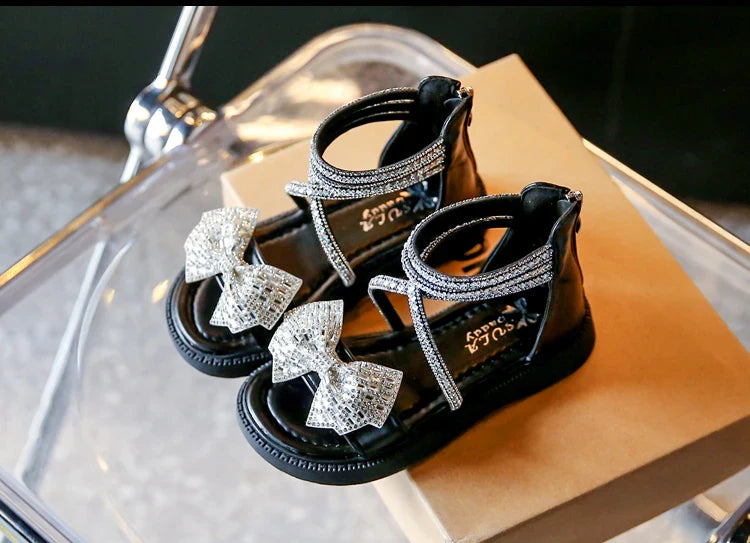 Girls' Shiny Cool Rhinestone Bowknot Children's Sandals 2023 Summer Open-toe Versatile Kids Fashion Back Zipper Casual Shoes New