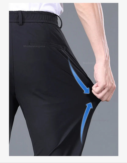 Summer Thin Stretch Trousers Men Elastic Waist Korean Classic Black Gray Blue Business Casual Formal Pants Male Brand