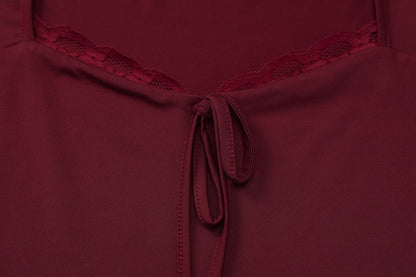 Autumn Latest Fashion Sexy Square Collar Long Sleeve Slim Lace Up Lace Ruffles Patchwork T-Shirt Party Club Clothes