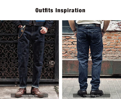 Vintage 14oz Selvedge Raw Denim Jeans Horsehair Leather Patch Straight Fit Jeans Men's Spring and fall Paris Buckle Pants