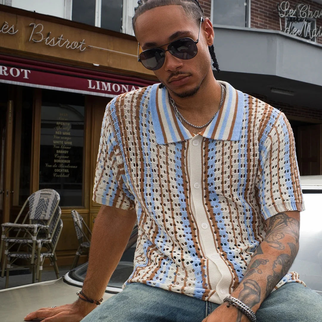 Men's Short Sleeve Summer Fashion Retro Knit Lapel Top Solid Color Soft Breathable Light Polo Knitwear Men US Size