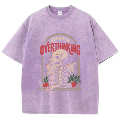Casual Women'S Cotton Washed T-Shirts Skeleton Man On The Balcony Printing Tops Oversize O-Neck Soft Short Sleeve Female Clothes