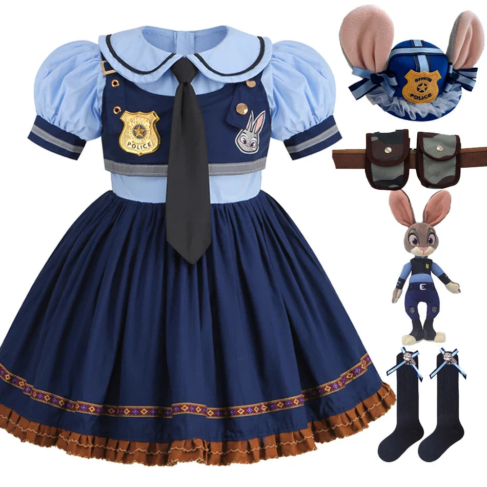 Judy Cosplay Costume Kids Carnival Party Dress Girls Tie Headdress Belt Socks Sets Police Role Play Movie Uniform Birthday Gift