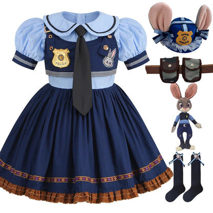 Judy Cosplay Costume Kids Carnival Party Dress Girls Tie Headdress Belt Socks Sets Police Role Play Movie Uniform Birthday Gift