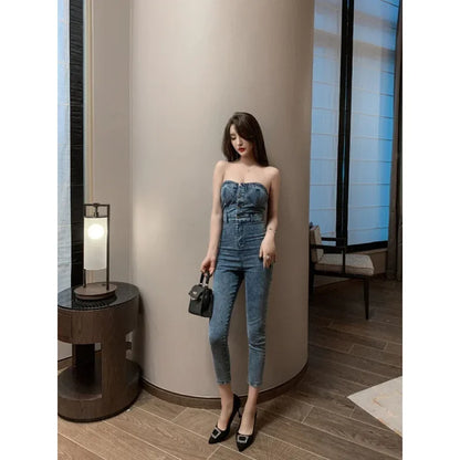 Calça Jeans Feminina de Cintura Alta Sem Alças Efeito Modelador