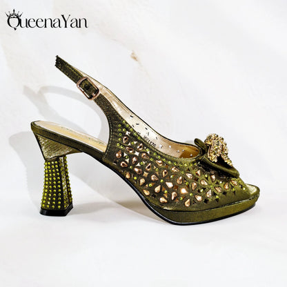 Elegant Women's Peep-Toe Heels and Matching Olive Color Diamond Pumps Set Stylish Italian Shoes and Bags for Parties