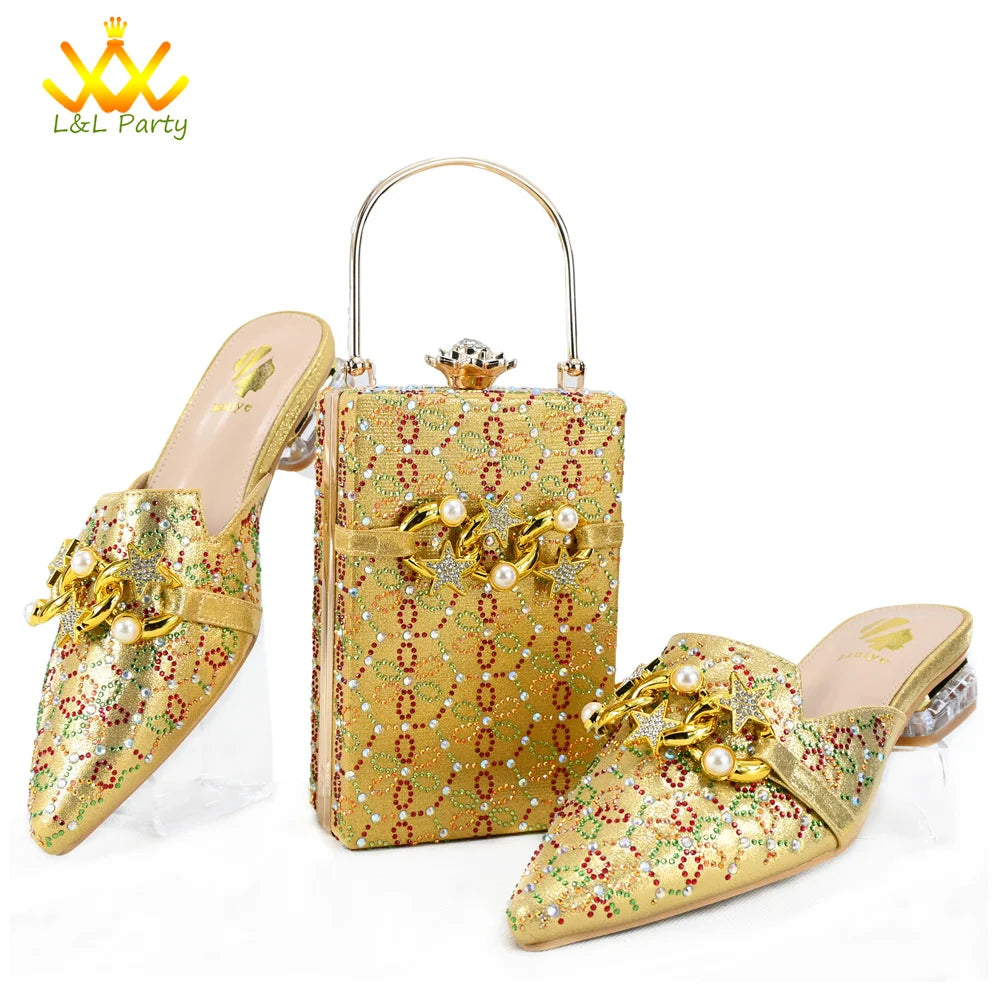 Low Heels Comfortable Sweet Style Italian Design Shoes Matching Bag Set in Orange Color High Quality with Crystal for Dress