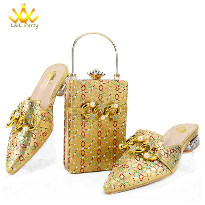 Low Heels Comfortable Sweet Style Italian Design Shoes Matching Bag Set in Orange Color High Quality with Crystal for Dress