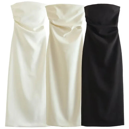 Womens Strapless Dresses Summer Off White Black White Dress Midi Ruffled Off Shoulder Backless Dress Prom Vestidos 066