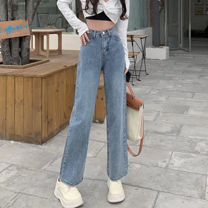 Vintage Autumn Spring Fashion Female Solid High Waist Jeans