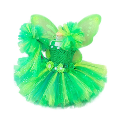 Girls Green Flower Fairy Dress Kids Glitter Tutu Dress with Butterfly Wing and Stick Hairbow Set Children Cosplay Party Costumes